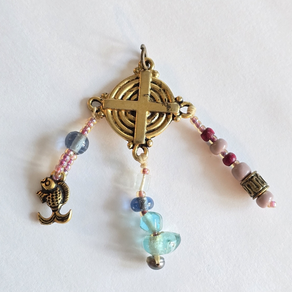 Handmade pendant gold tone mulicolored beads beaded charm cross